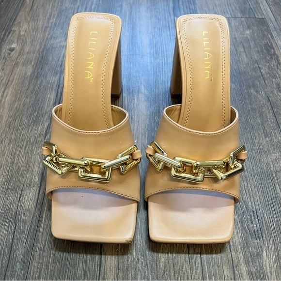 Women’s Chain Slip On Chunky Heels Shoes Sandals Tan Size 8 - Picture 3 of 13